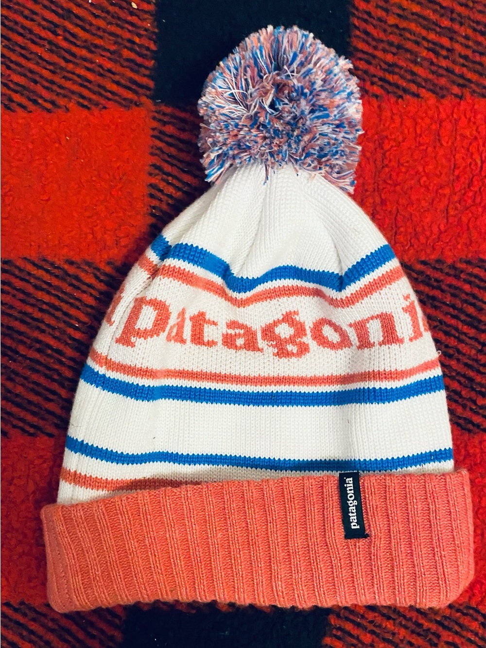 Patagonia Kids Knit Pom Beanie - White, Coral & Blue